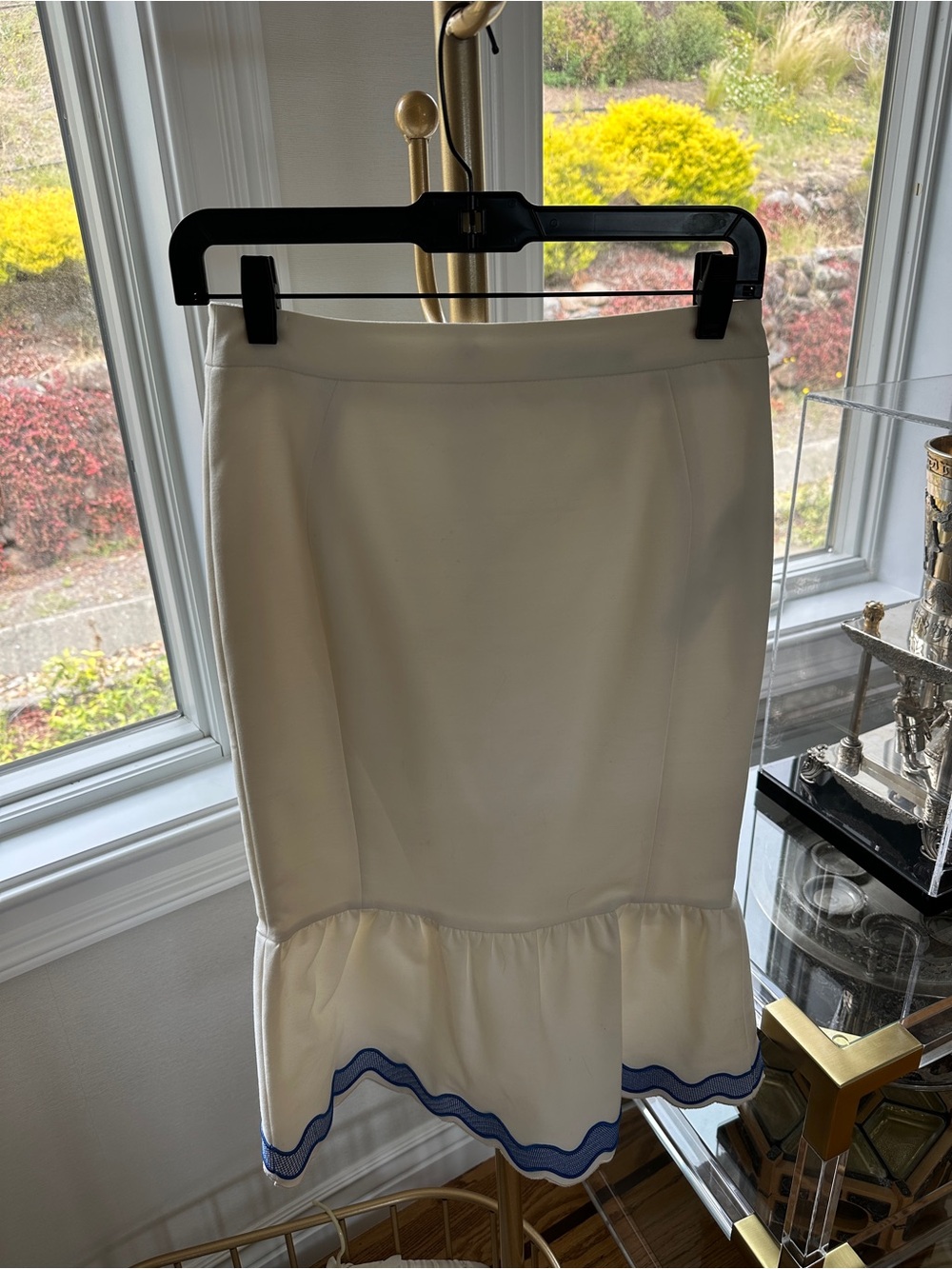 Women's Cream Pencil Skirt with Blue Trim
